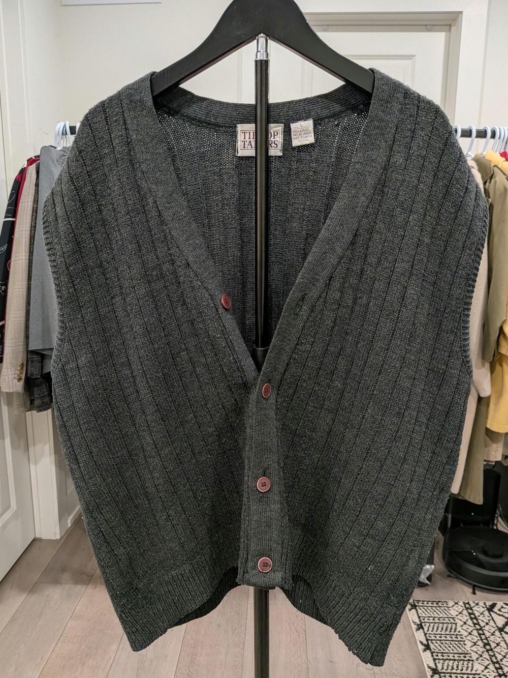 Vintage Tip Top Tailors Grey Knit Cardigan Vest Made in Canada Large